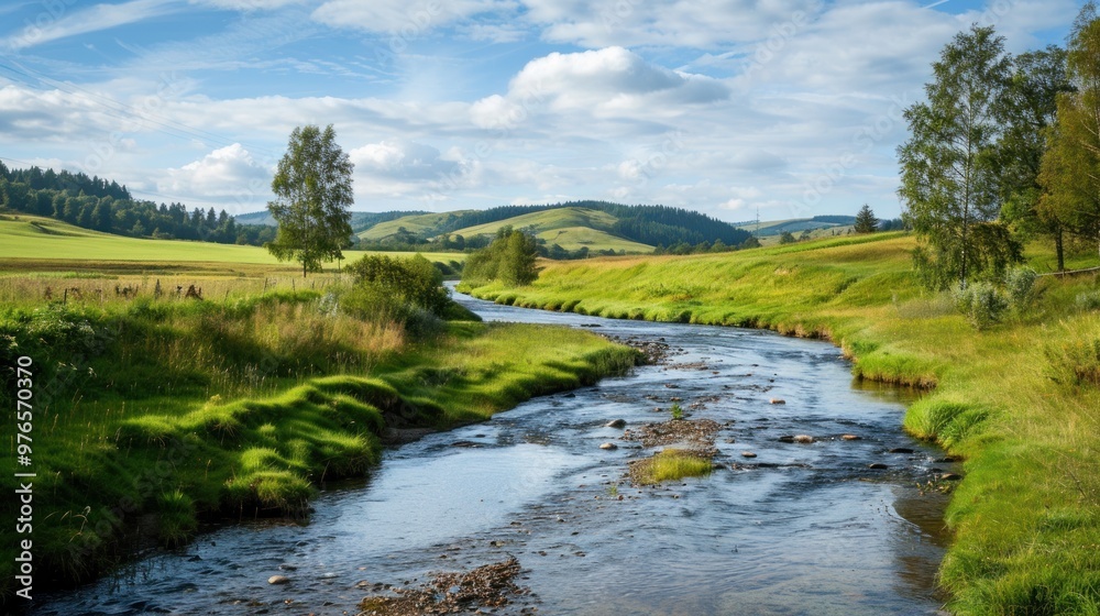 A farm landscape with a river running through it. A farm landscape with a river running through it.