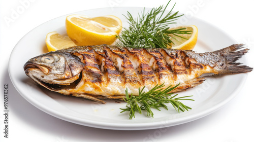 grilled dorada fish on a white late with lemons and rosemary