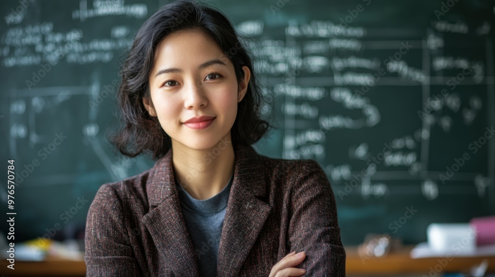 Smiling young asian female student standing in front of a chalkboard filled with mathematical equations and diagrams