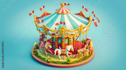 Carousel Isometric rides 3D cartoon