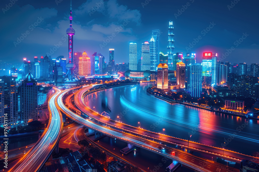 Fototapeta premium At night, bird's-eye view of urban overpasses