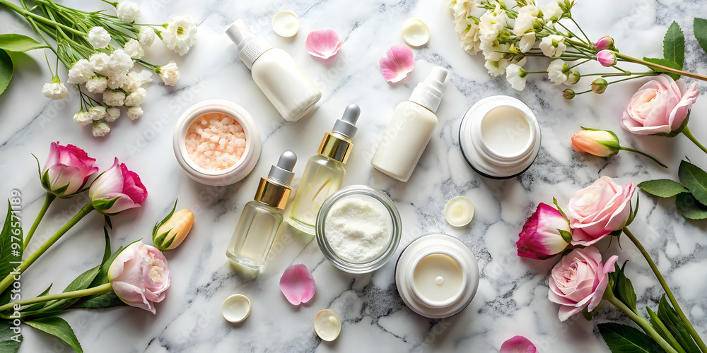 Rose & Beauty: Luxurious skincare products arranged amidst delicate pink roses and marble background. A stunning flatlay showcasing natural beauty and self-care. Rose & Beauty: Luxurious skincare products arranged amidst delicate pink roses and marble background. A stunning flatlay showcasing natural beauty and self-care.