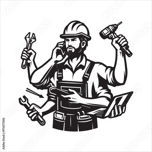 Construction worker or maintenance man multitasking vector illustration silhouette