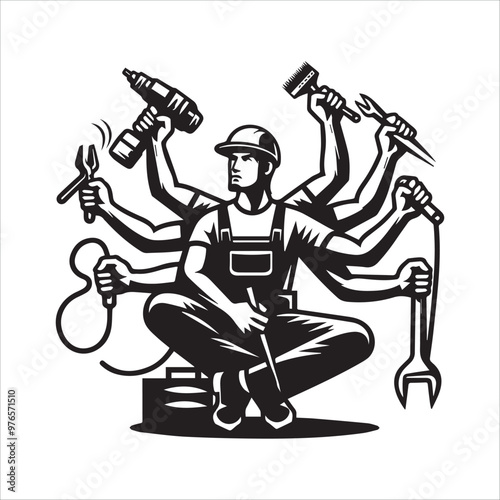 Construction worker or maintenance man multitasking vector illustration silhouette