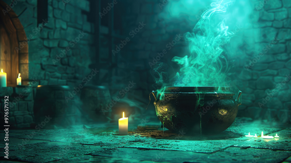 Witch's cauldron bubbling green smoke with glowing candles in a dark stone room Witch's cauldron bubbling green smoke with glowing candles in a dark stone room