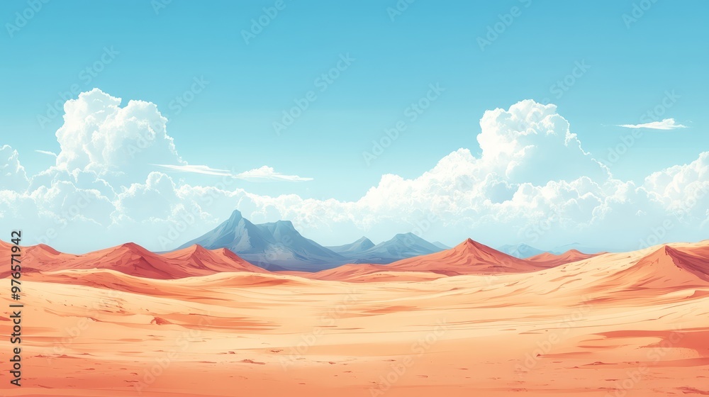 Naklejka premium Desert Landscape with Blue Sky and White Clouds