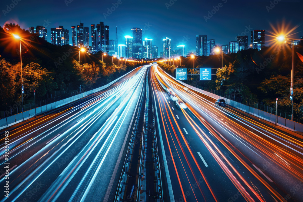 Obraz premium At night, the light trajectory of the taillights of fast-moving vehicles on city roads