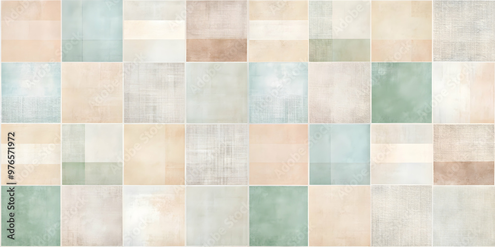 Serene Geometric Tiles:  A captivating, minimalist pattern featuring a mosaic of soft pastel squares. The muted tones of blue, green, and beige evoke tranquility and sophistication.
