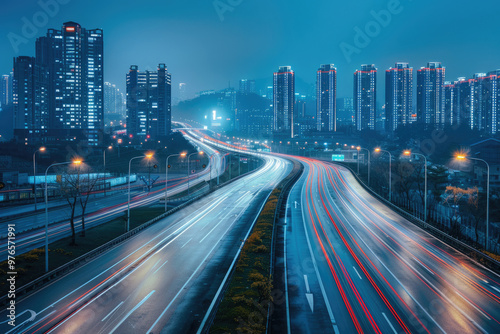At night, the light trajectory of the taillights of fast-moving vehicles on city roads