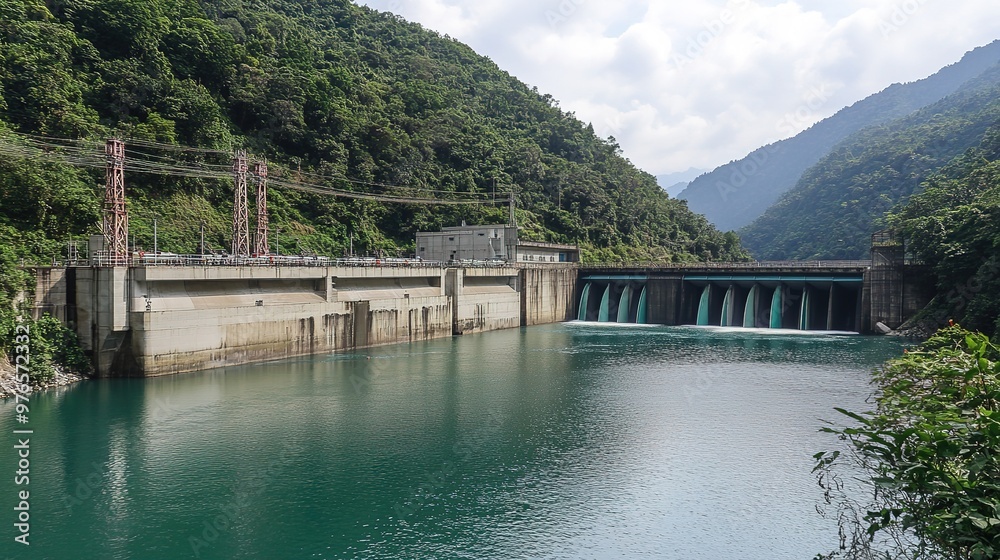 A modern hydroelectric power station, showcasing its large turbines and dam structure against a backdrop of flowing water. The facility is designed with sleek lines and advanced technology, A modern hydroelectric power station, showcasing its large turbines and dam structure against a backdrop of flowing water. The facility is designed with sleek lines and advanced technology,