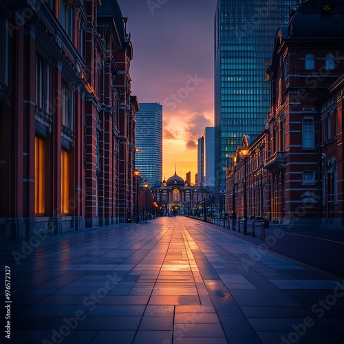 Tokyo station building at twilight time. at the Marunouchi business district, Japan.