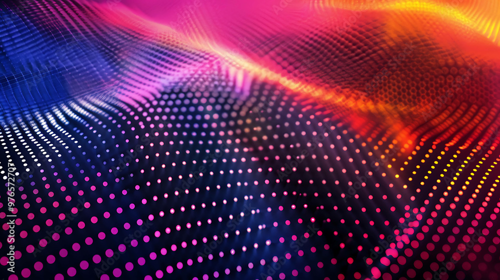 Abstract digital art with glowing pink, blue, and orange dots on a black background.