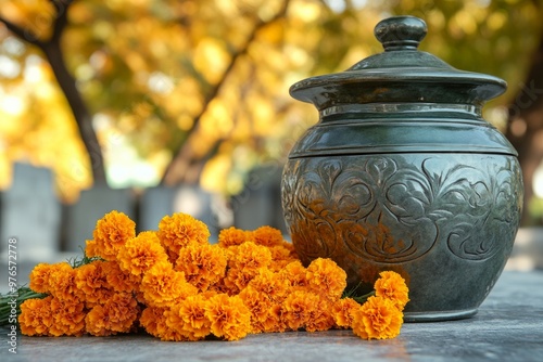 Grey urn with ashes in a cemetery, bouquet of yellow marigolds nearby. Copy space. Concept Day of the Dead, funeral, religion, traditions, symbol of the holiday photo