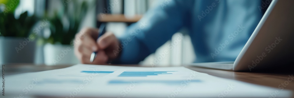 A focused business professional is seen writing on a financial report with charts, emphasizing business analytics, productivity, and workplace environment through a modern setup. A focused business professional is seen writing on a financial report with charts, emphasizing business analytics, productivity, and workplace environment through a modern setup.