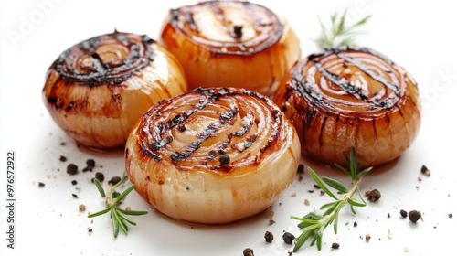 delicious caramelized onion with parsley on a white plate macro. horizontal