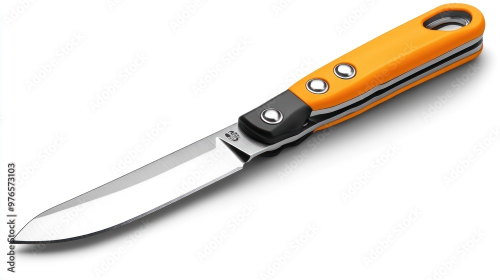 A sleek orange-handled folding knife with a sharp blade. A sleek orange-handled folding knife with a sharp blade.