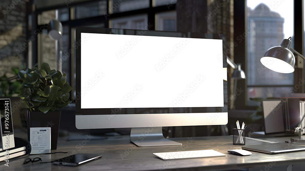 Fototapeta premium A modern office desk with a computer monitor, plant, lamp, and keyboard.