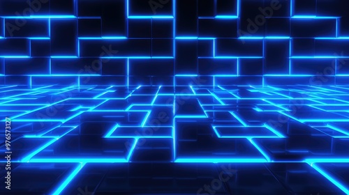 Abstract background with blue neon lights, glowing in a dark space.