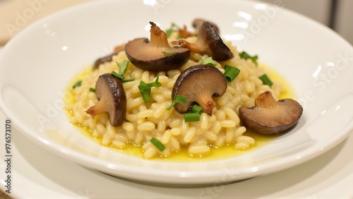 A dish of creamy risotto with roasted mushrooms_