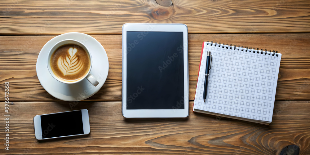 Tech-Fueled Work Session: Tablet, Phone, and Notebook on Rustic Wood with Coffee Tech-Fueled Work Session: Tablet, Phone, and Notebook on Rustic Wood with Coffee