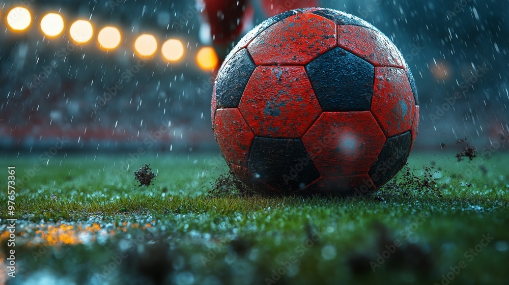 Close-up of a Muddy Soccer Ball During a Rainy Night Match, Stadium Lights in the Background Close-up of a Muddy Soccer Ball During a Rainy Night Match, Stadium Lights in the Background