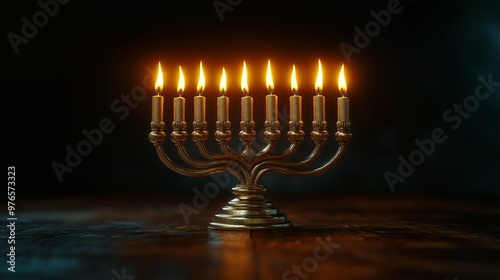 Lit Hanukkah Menorah on Wooden Table, Celebrating the Festival of Lights