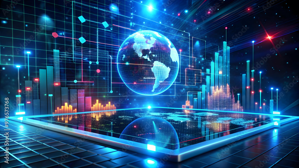 Global Digital Network: A holographic Earth pulsates with data, surrounded by vibrant graphs and charts, symbolizing global connectivity and the power of information technology.