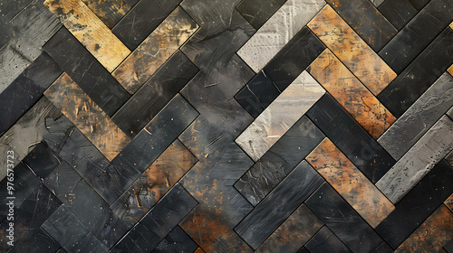 Black, grey and orange distressed wood herringbone pattern.