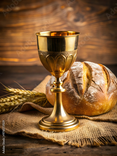 Holy Communion: A golden chalice and loaf of bread, symbols of the Christian sacrament of Holy Communion, rest on a burlap cloth against a rustic wooden background. Wheat stalks add a touch of natura