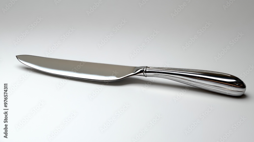 A shiny stainless steel knife on a neutral background. A shiny stainless steel knife on a neutral background.