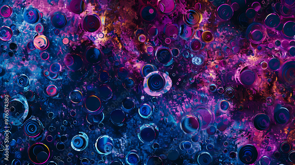 Abstract cosmic background with vibrant circles in shades of purple and blue.