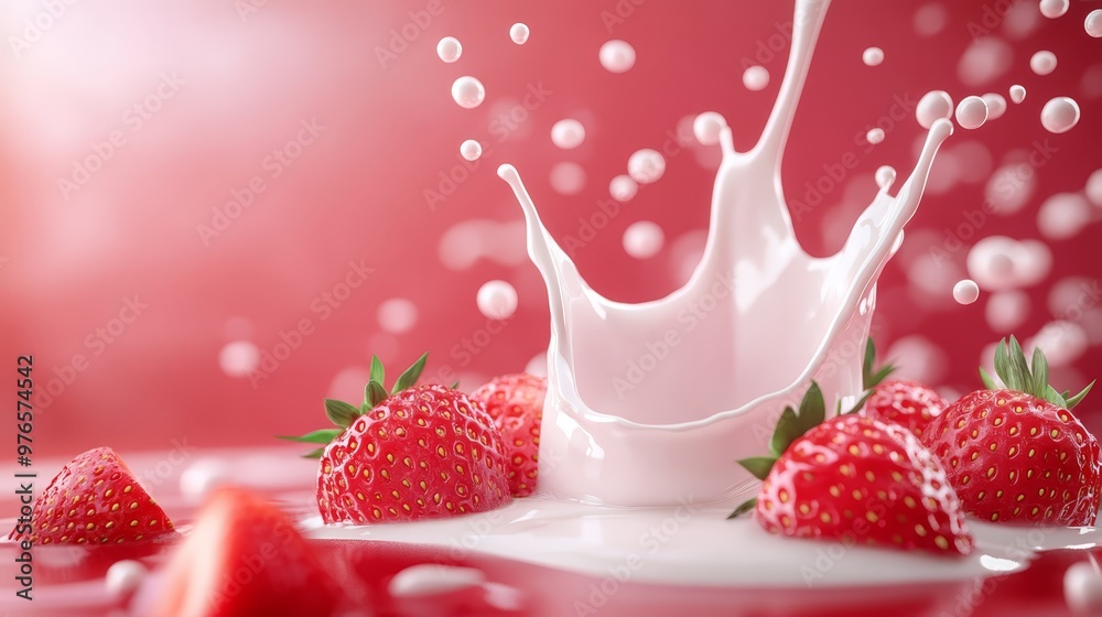 Fresh Strawberries Splashing in Creamy Milk Fresh Strawberries Splashing in Creamy Milk
