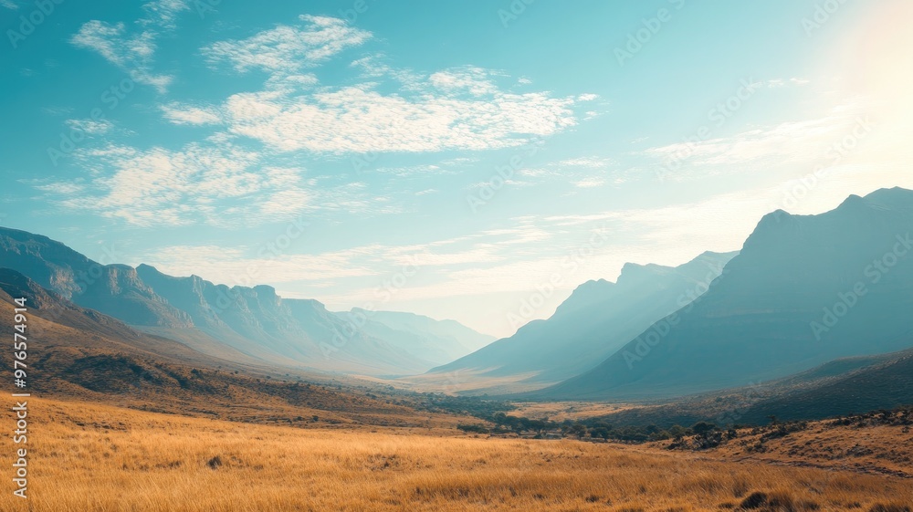 Expansive mountain range under blue sky with wispy clouds and golden fields in foreground Expansive mountain range under blue sky with wispy clouds and golden fields in foreground