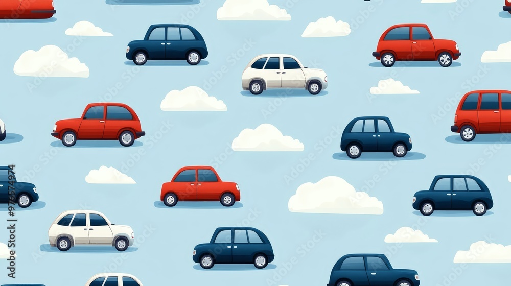 Seamless Pattern with Cartoon Cars and Clouds Seamless Pattern with Cartoon Cars and Clouds