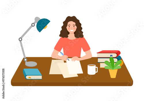 Journalist at workplace writing article or post sitting on table, cup of tea or coffee, papers and pens, lamp and plant in pot on desktop. Female writer concept.