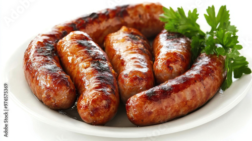 'A plate with three bratwursts, one whole and two cut, isolated on a white background, garnished with parsley'