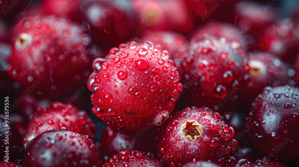 Close-up of fresh, red cranberries with water droplets. Close-up of fresh, red cranberries with water droplets.