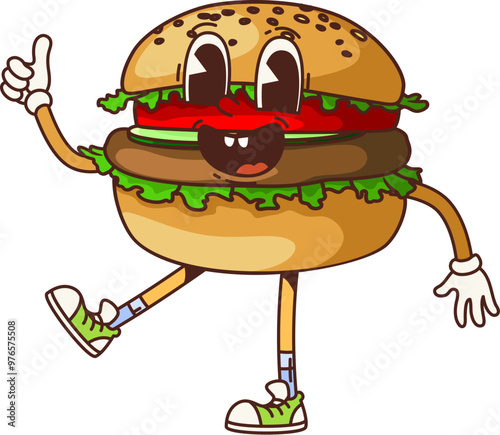 Retro groovy fast food burger character. Isolated cartoon vector retro tasty beefburger fastfood personage with a beef and lettuce, showing thumbs-up with a wide smile, exudes cool funky 60s 70s vibe