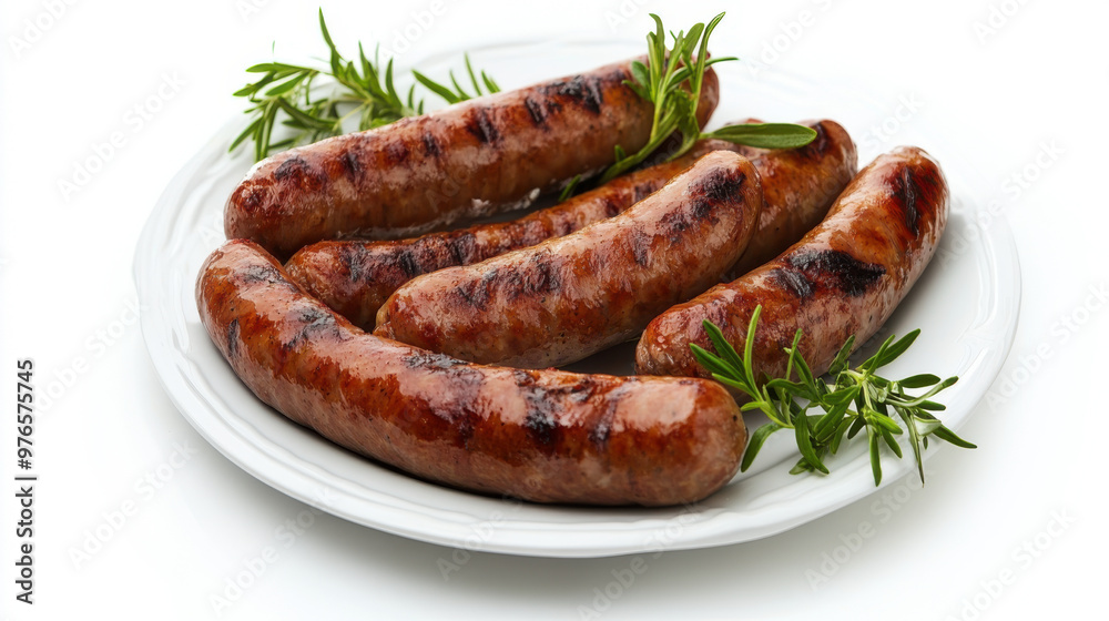 'A plate with three bratwursts, one whole and two cut, isolated on a white background, garnished with parsley' 'A plate with three bratwursts, one whole and two cut, isolated on a white background, garnished with parsley'