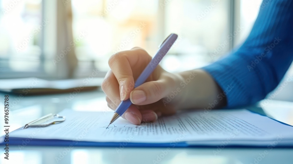 A hand signing a document with a blue ink pen in an office environment A hand signing a document with a blue ink pen in an office environment