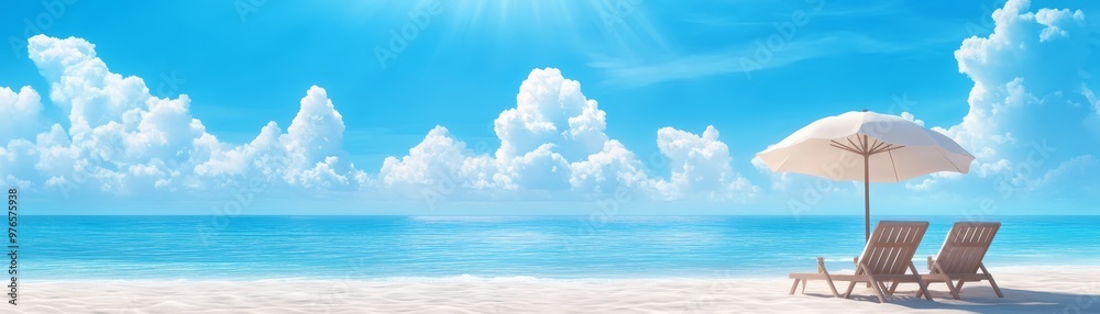 Relaxing Beach Scene with Two Lounge Chairs and Umbrella Relaxing Beach Scene with Two Lounge Chairs and Umbrella