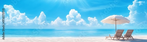 Wallpaper Mural Relaxing Beach Scene with Two Lounge Chairs and Umbrella Torontodigital.ca