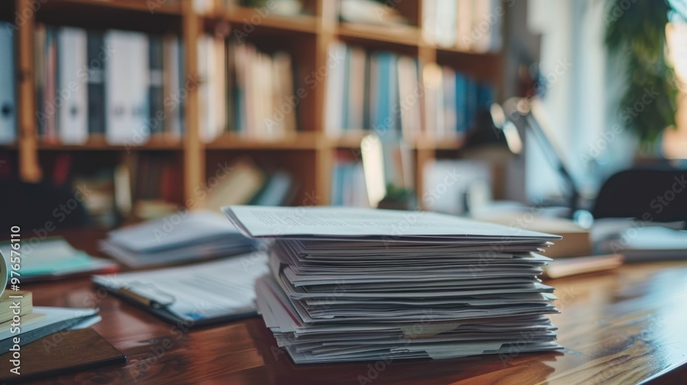 A high-angle view of a stack of neatly organized documents on a desk