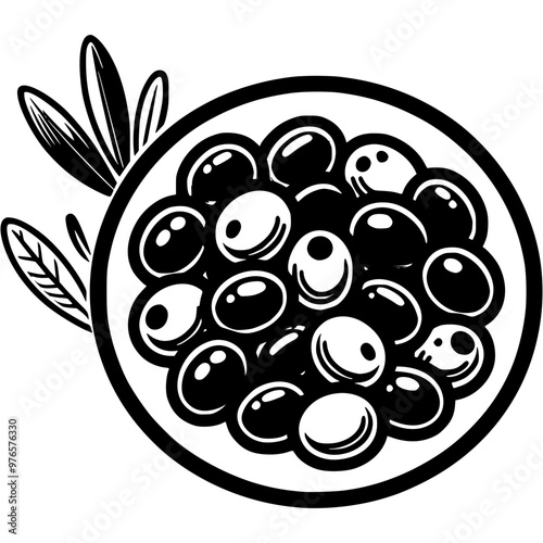 Plate of fresh light and dark olives in monochrome. Simple minimalistic vector in black ink drawing on transparent background