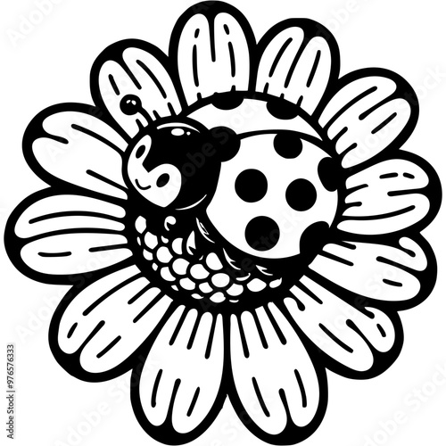 Spotted ladybug sitting on daisy flower in monochrome. Simple minimalistic vector in black ink drawing on transparent background