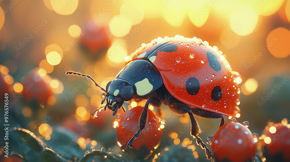 Ladybug, from below, upward view, Hyper-realistic, early morning light Ladybug, from below, upward view, Hyper-realistic, early morning light