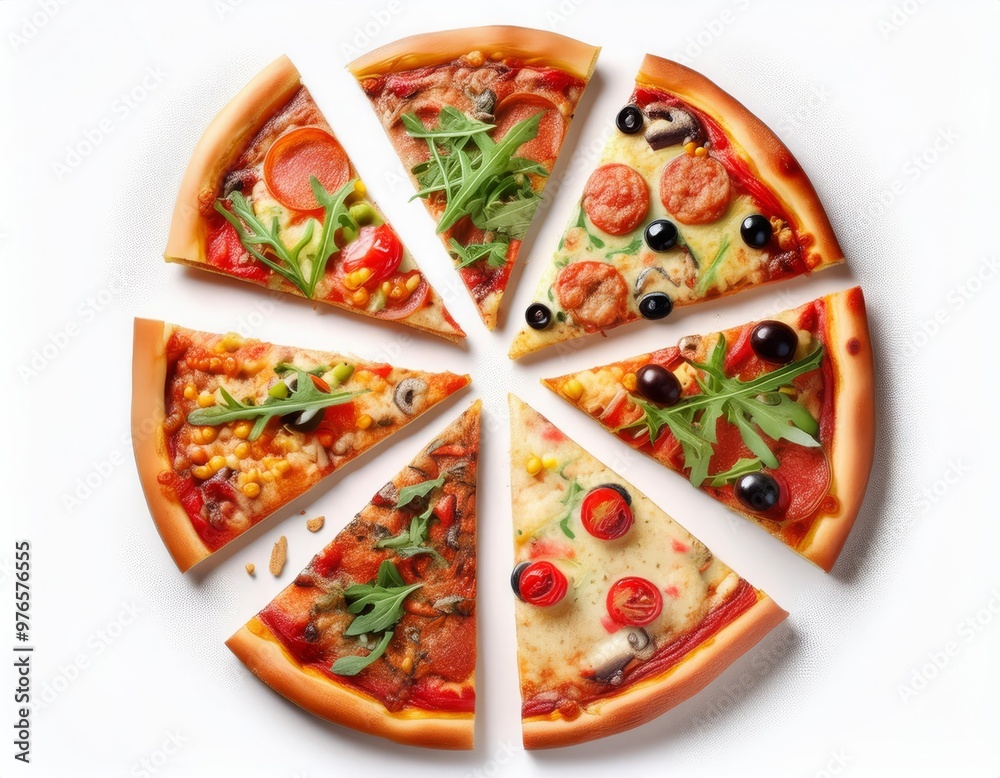 Slices of different tasty pizzas isolated on white, top view Slices of different tasty pizzas isolated on white, top view