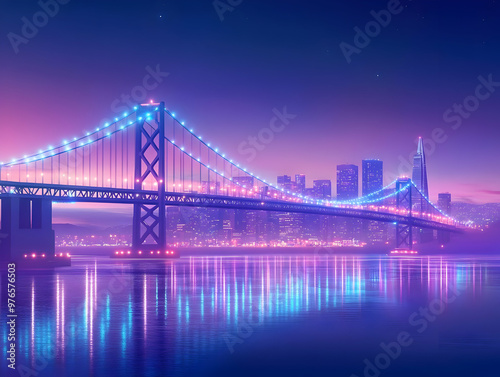 Neon Cityscape Illustration with Bridge and Reflections