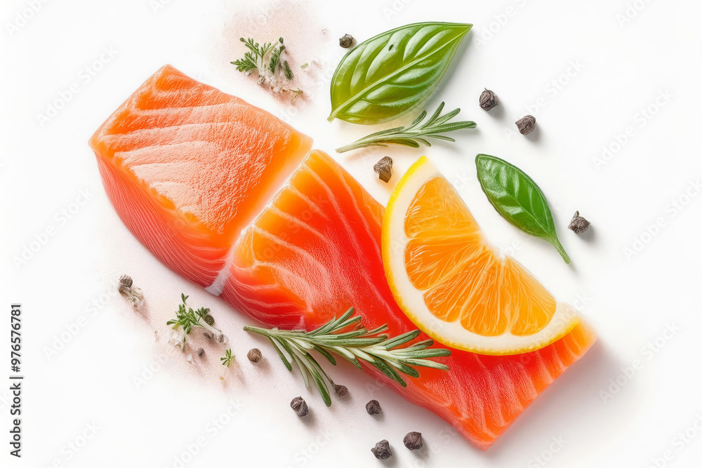 Juicy slice of fresh salmon with ingredients closeup isolated on a white background Juicy slice of fresh salmon with ingredients closeup isolated on a white background