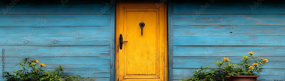 A Bright Yellow Door on a Blue Wood Building Illustration A Bright Yellow Door on a Blue Wood Building Illustration